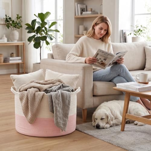 115L Extra Large Pink Woven Cotton Rope Basket with Handles
