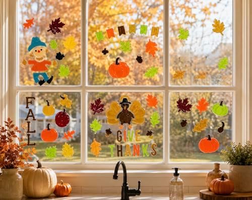 Fall Gel Cling Stickers for Windows and Mirrors - 6 Sheets of Reusable Seasonal Designs: Scarecrow, Leaves, Tractor, Pumpkins, Turkey Pumpkins and More!