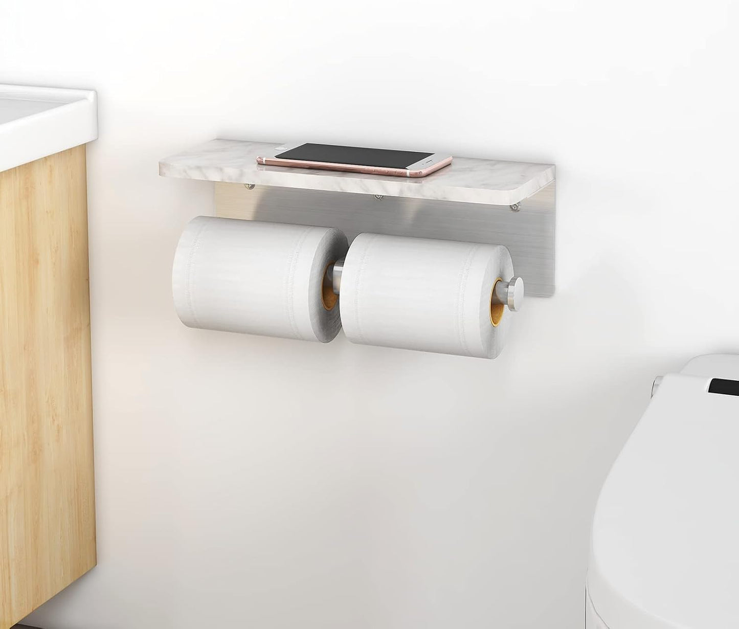 Gypie Toilet Paper Holder with Marble Shelf, Double Brushed Nickel | Stainless Steel Tissue Roll Paper Holder Wall