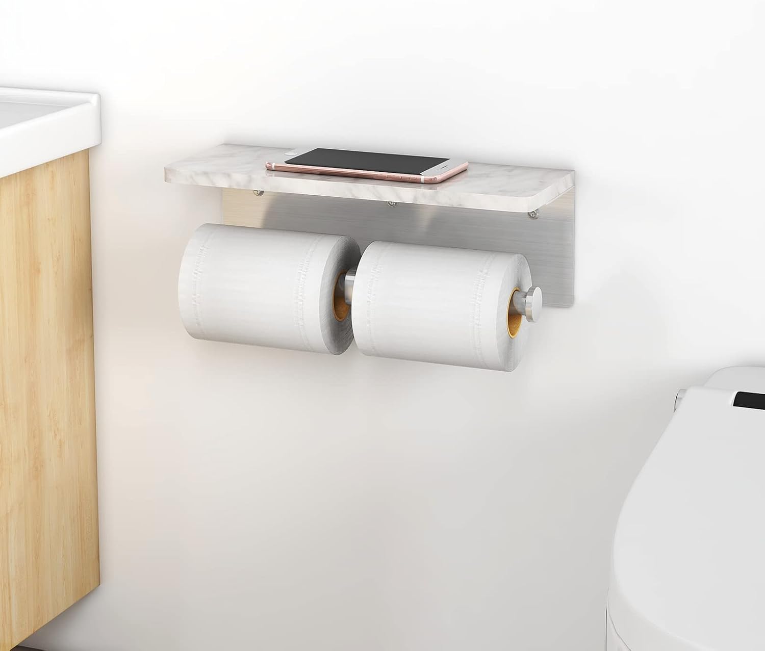 Gypie Toilet Paper Holder with Marble Shelf, Double Brushed Nickel | Stainless Steel Tissue Roll Paper Holder Wall