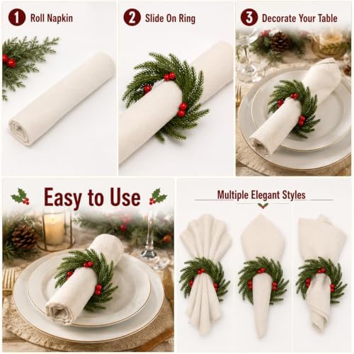 12 Pcs Christmas Napkin Rings Wreath Napkin Holder, Red Berry