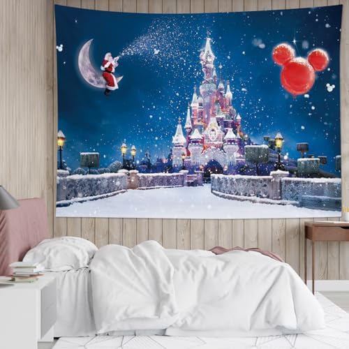 HVEST Castle Tapestry Santa Claus on Moon with Snowflake Wall Hanging Winter Scenery Tapestries for Bedroom,Living Room,Dorm Party Wall Decor,92.5Wx70.9H inches