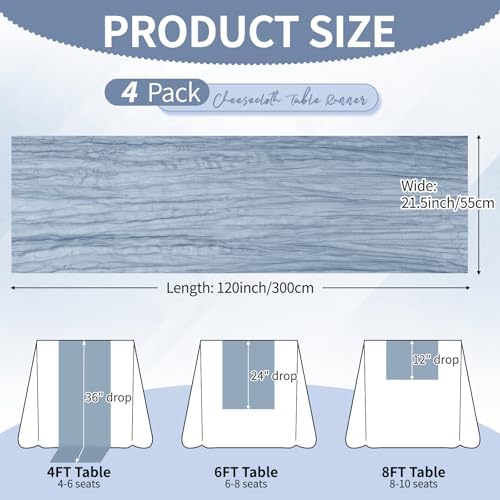 4 Pack Dusty Blue Cheesecloth Table Runner 10Ft, Gauze Table Runners 21.5 x 120 inch,Semi Sheer Cheese Cloth Fabric Runner Bulk for Wedding,Party,Baby Shower,Bridal Shower