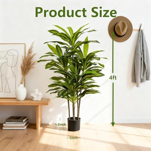 4ft Dracaena Artificial Plant - Large Tropical Indoor Fake Tree with Lifelike Leaves - Tall Faux Floor Plant in Pot for