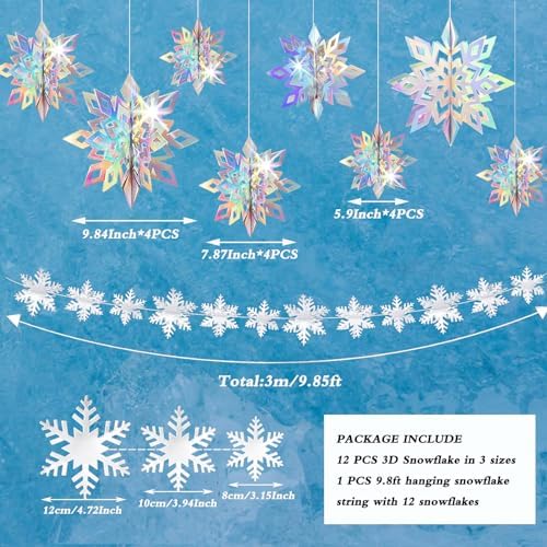 24 PCS Snowflake Christmas Hanging Party Decor Supplies,12 PCS 3D Glittery Snowflakes &12PCS 3D White Paper Snowflakes Hanging Garland for Christmas Winter Holiday New Year Wonderland Party Decoration