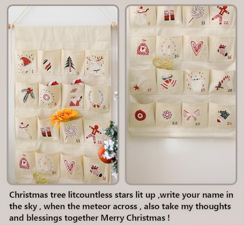 MONOBLANKS Fabric Hanging Advent Calendar with Pockets, Christmas Pattern A