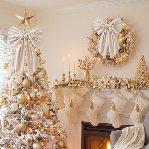 Suncalla 2 Pcs Ivory Christmas Neutral Wreath Bows 18'' x 12''