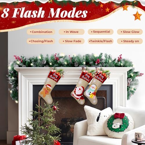 BlessedSeason 6FT Christmas Garland with Lights, Artificial Lighted Garland Indoor for Stairs, Fireplace, 30 Lights Green Garland, Cones & Red Berries & Pine Needle