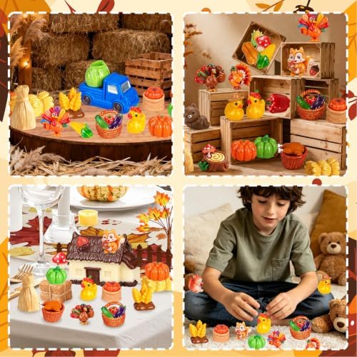 50Pcs Fall Thanksgiving Mini Resin Figures Fall Village Miniature Thanksgiving Farm Figurines Autumn Tiny Little Ducks Turkeys Pumpkins Bulk for Harvest Home Table Garden Dollhouse DIY Craft Decor