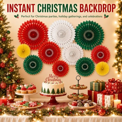 Christmas Hanging Honeycomb Round Paper Fans Decoration Winter Theme Tissue Paper Fan Garland for Shower Birthday Graduation Wedding Party Supplies 11 Count