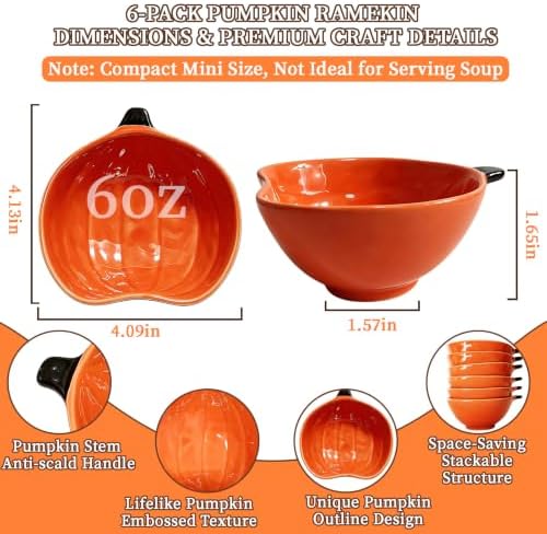 Orange Pumpkin Bowls,Set of 6, 6 oz Pumpkin Shaped Bowl Ceramic Ramekins