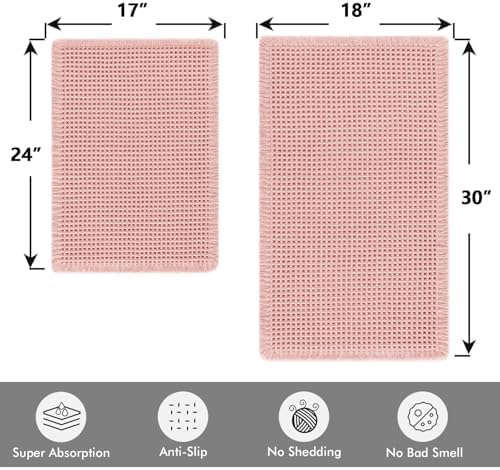 MIULEE Set of 2 Waffle Bathroom Rugs Boho Bath Mat Pink 17"x24"+18"x30"