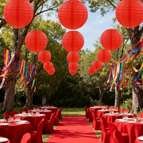 Red Paper Lanterns Round Hanging Paper Lanterns Decorations for Birthday Wedding Baby Bridal Shower Christmas Home Party Decoration (12 PCS)