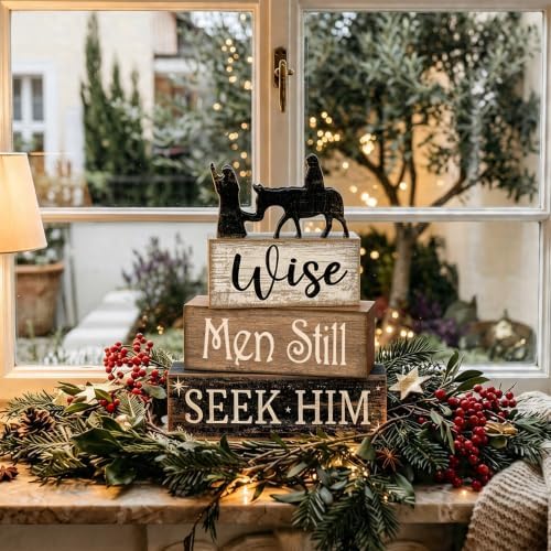 Lineshading 4 Pcs Christmas Nativity Wooden Blocks Wise Men Table Decor