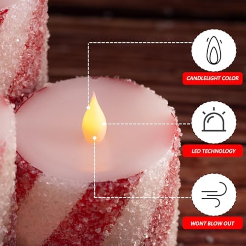 3 Pcs Christmas Candy Cane Stripe Flameless Candles, Real Wax Red &White Glitter Striped LED Pillar Candles with Battery Operated Flickering Flame for Xmas Party, Wedding, Home Decoration D3 x H4"5"6"