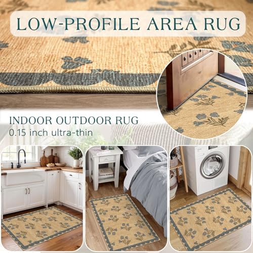 Front Door Mat Outside Entrance - 2x3 Jute-Look Blue Floral Rug