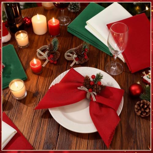 LemonRoad 36 Pcs Cloth Napkins and Napkin Ring Holders, Reusable Fabric for Table Decor Banquet Holiday Dinner Party Supply(Red, Dark Green,White,Christmas)
