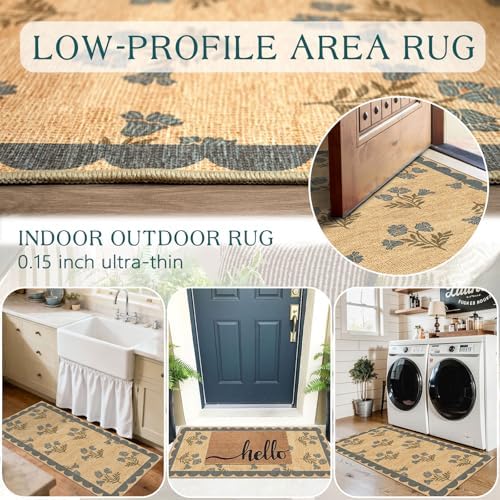 Front Door Mat Indoor Entrance - 2x4.3 Jute-Look Blue Floral Rug