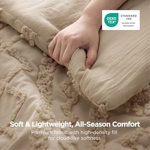 Bedsure Tufted Boho Comforter Set Twin Size - Light Brown Boho Bed Set, GentleSoft™ 2 Pieces Farmhouse-Style Embroidery