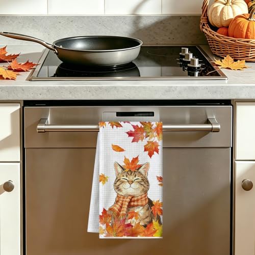 Fall Kitchen Towels, Cat Waffle Hand Towels 16x24 Inch 1-Pack
