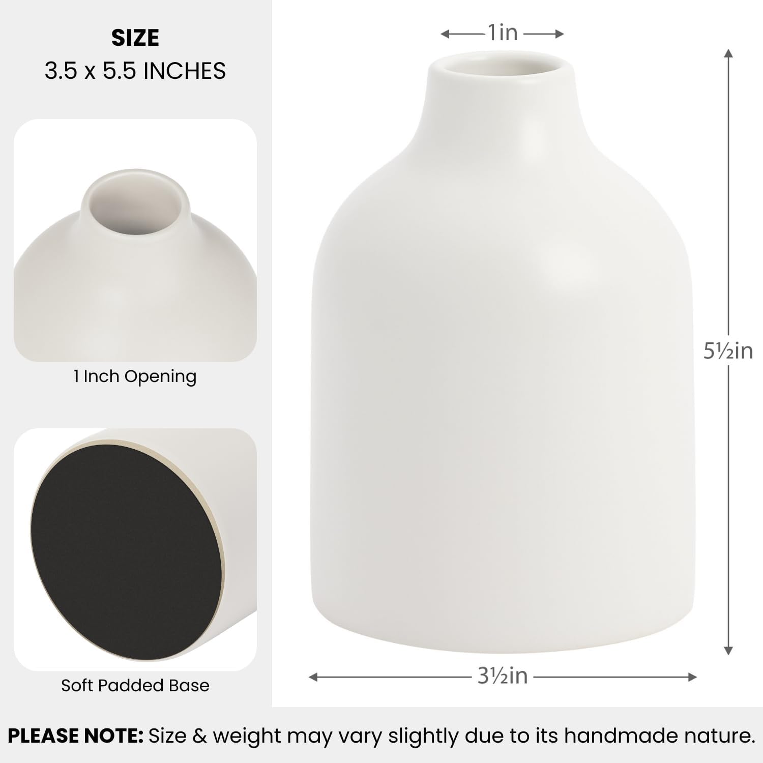 Ceramic Vase for Flowers Home Decor / 5.5" Height / White / 5.5 Inch