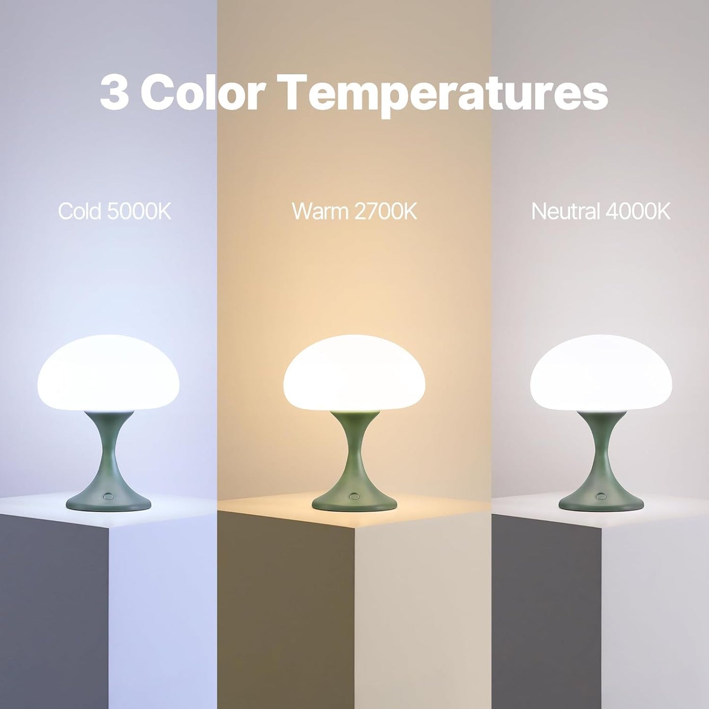 Mushroom Lamp, 5W LED Cordless Rechargeable Table Lamp with Glass Shade, Small Retro Dimmable Touch Light with 3 Color