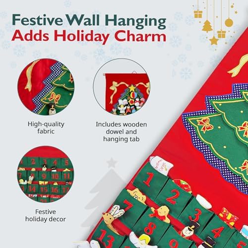 Pockets of Learning Green Christmas Tree Advent Calendar | Interactive Christmas Holiday Décor Embroidered Seasonal Soft Fabric Wall Hanging Countdown