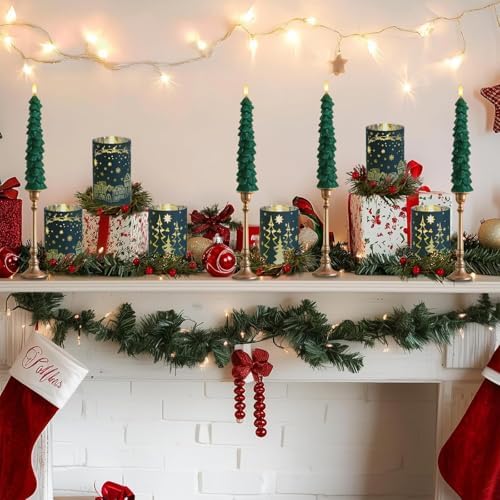 MUMCHASI Chritsmas Tree Flameless Candles, Real Wax Christams LED Taper Candles, Battery Operated Candles, Flickering Candlesticks for Home Christmas Decor Gifts, Green, Remote Control