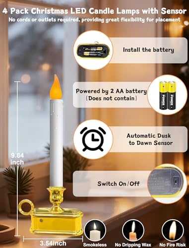 4 Pack Christmas Window Candle Lamps with Sensor Dusk to Dawn,10 Inch Battery Operated LED Window Candles with Flickering Amber Flame for Weddings Table Christmas Decor, Gold Plated Base