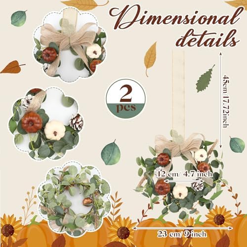 Syhood 2 Pcs 9 Inch Small Fall Wreath for Cabinet Mini Fall Wreath