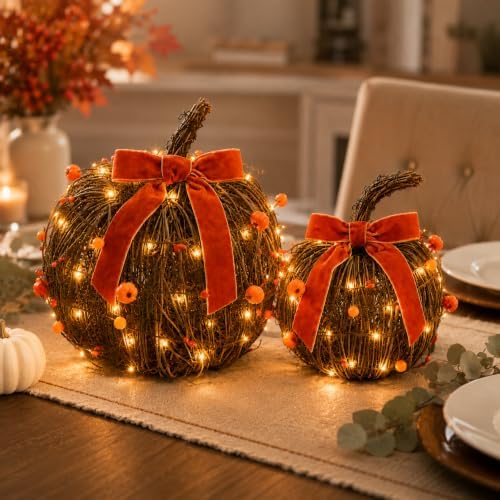 Lighted Fall Pumpkin Decor 2 Pack Rattan Pumpkins with Velvet Bow