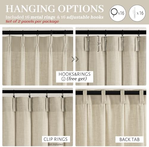 Pinch Pleated Natural Linen Curtains 94 Inches Long 2 Panels Set for Bedoom, Boho Memory Shape Burlywood Birch Semi