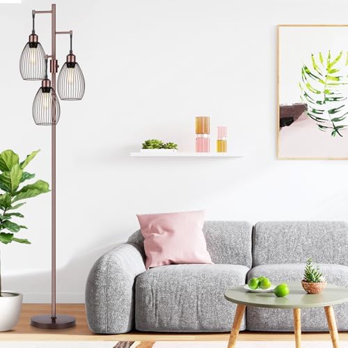 Dimmable Floor Lamp, 3 x 800LM LED Edison Bulbs Included, Farmhouse Industrial Floor Lamp Standing Lamp with Elegant