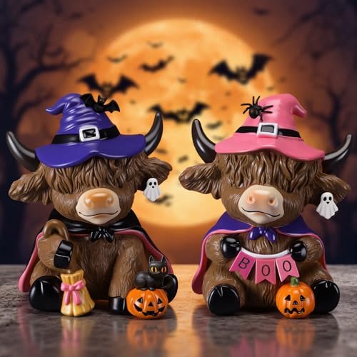 Karenhi 2 Pcs Halloween Highland Cow Figurines, Witch Hat Pumpkin Decor