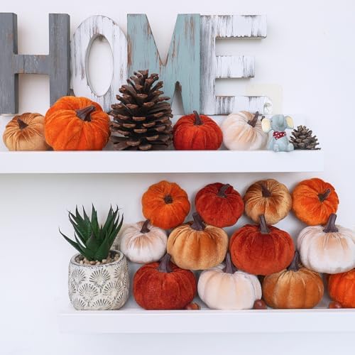 Winlyn Set of 16 Assorted Farmhouse Fall Artificial Velvet Pumpkins Rust Orange Champagne Gold Decorative Fabric Foam Pumpkins for Autumn Home Wedding Thanksgiving Halloween Harvest Table Centerpiece