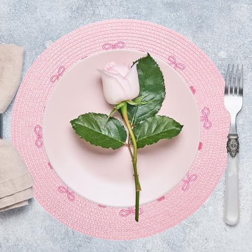 Whaline 4 Pcs Pink Bow Embroidered Placemats Round Place Mats Coquette Bow Dinner Table Mats for Home Wedding Baby Shower Birthday Party Decor
