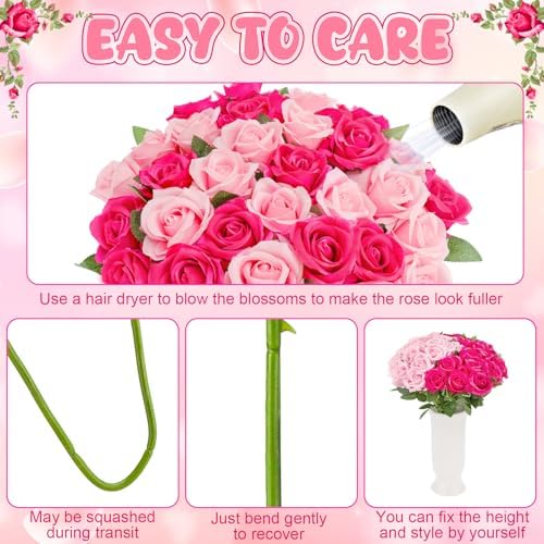 36 Pcs Pink, Hot Pink Artificial Roses with Long Stems