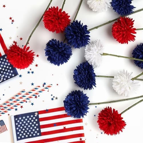 36 Pcs Artificial Chrysanthemums Flowers Patriotic Flowers Decor 4th of July Fake Silk Flowers Bouquet for Home Decor Indoor Memorial Day Table Centerpiece (Red, White, Blue)