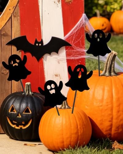 4 Pcs Ghosts Halloween Decorative Garden Stakes for Flower Planter Pot Outdoor Metal Yard Sign Day of The Dead Decorations Patio Lawn Decor