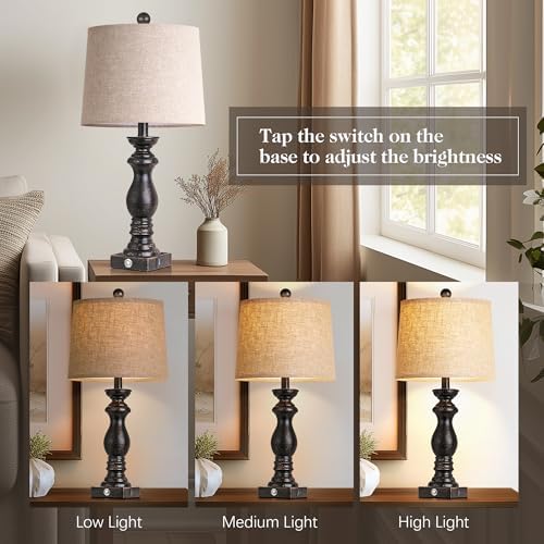 24.5" Table Lamp Set of 2, Rustic Farmhouse Bedside Lamps with USB A+C Charging Ports, 3-Way Dimmable Touch Control