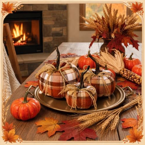 Beeveer 3 Pcs Fall Pumpkins Decor Rustic Brown Autumn Pumpkins Decorative