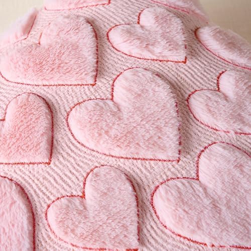 Softalker Pink Heart Pillow Covers 18 x 18 Inch Set of 2, Spring Summer Soft Faux Fur Cushion Covers, 3D Embroidered Pillow Cases for Girl's Room Decor