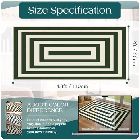Front Door Mat Indoor Entrance 2x4.3 Modern Green White Striped Rug