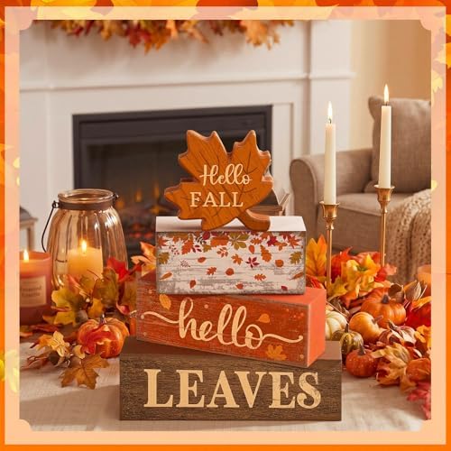 Moucuny 5 Pcs Fall Table Decoration Wooden Block Signs Tiered Tray
