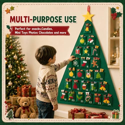 Irenare Christmas Tree Advent Calendar with 24 Pockets, 39.4 x 27.6 Inch