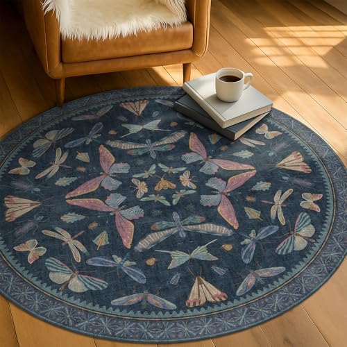 5ft Round Dark Blue Rug for Entryway Indoor, Soft Washable Circle Throw Rug for Living Room, Reading Corner & Home