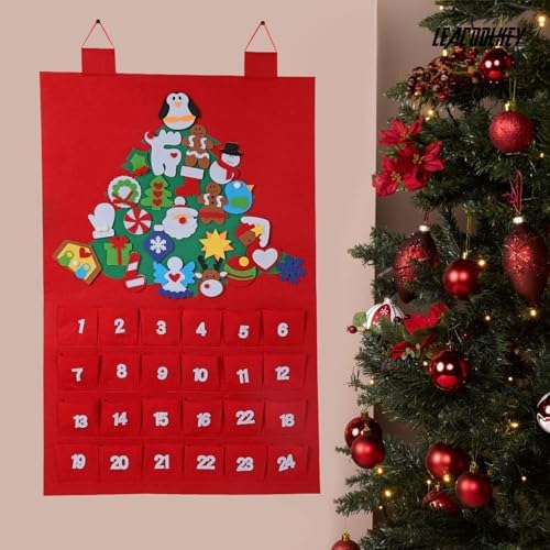 Christmas DIY Advent Calendar Felt Advent Calendar with Pockets Hanging Reusable Countdown Calendar for Kids Christmas Decorations Gifts (Red +Green Christmas tree)