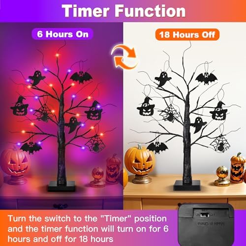 Halloween Decorations Indoor 2 Pack 24 Inch Black Halloween Tree with 24 LED Orange Purple Lights, USB/Battery Operated Halloween Table Decorations Tree Light with Timer, Scary Spooky Home Decor