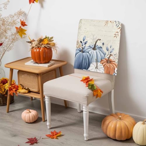 Fall Chair Covers Set of 6 Blue Pumpkin Chair Slipcover Protector Removable Stretch Chair Covers Floral Eucalyptus Leaf Thanksgiving Chair Back Covers for Dining Chairs Kitchen Holiday Party Decor