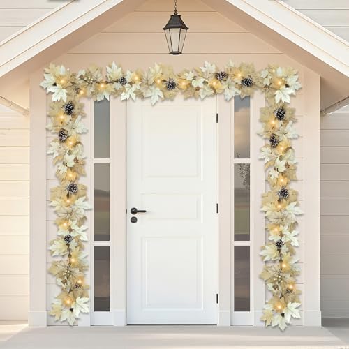 6 FT Realistic Fall Garland with Lights Timer Function Fall Leaves Maple Garland with Berries Pine Cones Autumn Automatic Fall Decorations for Home Mantle Fireplace Porch Table Decor